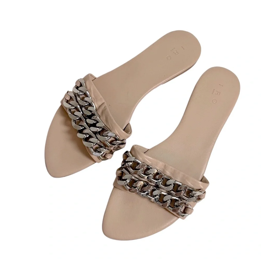 IRO Paris Genuine Leather Tan Beige Silver Chunky Chain Flat Mules Sandals 39 9